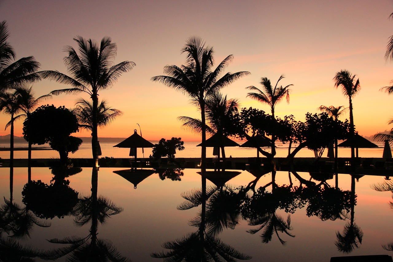 Bali sunrise over swimming pool